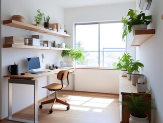 Fototapeta premium Minimalist Japanese Home Office, The space is clean and uncluttered with neutral colors and natural materials