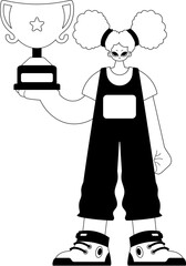 The energized woman holds the holder of the champ in his hands. Dim and white line craftsmanship. Trendy style, Vector Illustration