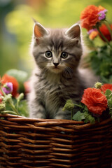 Cute Cat in flowers basket