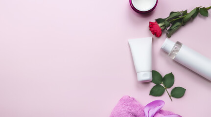 Obraz na płótnie Canvas Set of skin care products on pink pastel background with roses flowers. Skin care concept. Womens day cosmetics