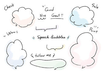 手書きの吹き出しと文字のあしらいセット　水彩