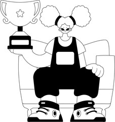 The energized woman holds the holder of the champ in his hands. Dim and white line craftsmanship. Trendy style, Vector Illustration