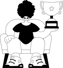 The individual holds the holder of the victor in his hands. Pulverizing and white line craftsmanship. Trendy style, Vector Illustration