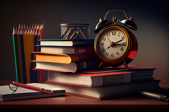 Back to school. Red alarm clock, colored pencils and stack of the book. Generative Ai