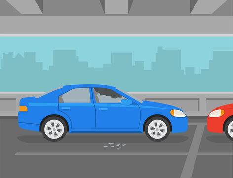 Car theft safety. Crime scene in a parking garage. Smashed car side window view. Flat vector illustration template.