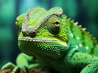 Obraz premium Green iguana lizard on a branch with cool portrait look. Generative ai
