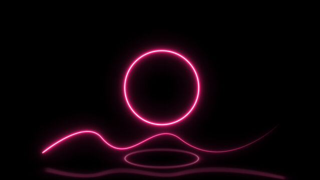 Empty podium with line gradient neon ring and background. 3d render. Illustration with abstract scene with ruby color neon frame.