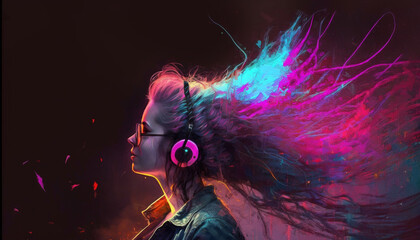  woman with magic glowing hflying hairs and with headphones on dark background,illustration painting. Generative AI.