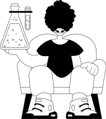 Individual with a chemical carafe. Learning point. Dim and white line craftsmanship. Trendy style, Vector Illustration