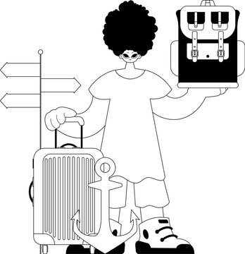 Fellow With a visitor rucksack in his hands. Tourism subject. Dark and white lineart. Trendy style, Vector Illustration