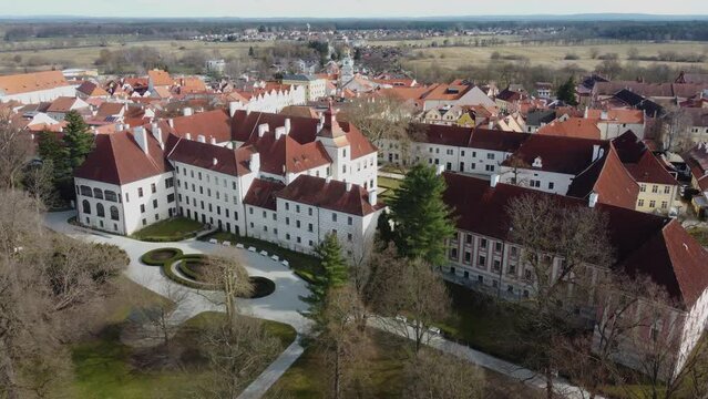 Small castle and castle grounds, garden park, in a historic town. Drone. Trebon.