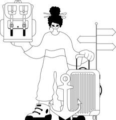 Wealthy lady With a traveler rucksack in his hands. Tourism point. Dim and white lineart. Trendy style, Vector Illustration