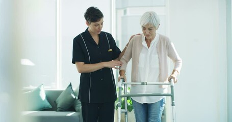 Homecare, nurse and senior woman in walking frame at house support, healthcare service and happy retirement. Caregiver, helping hands and elderly patient or real person with disability in living room