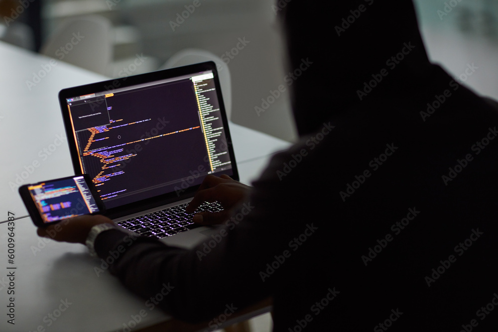 Poster Hacker, code and programming with person and laptop for ransomware, cyber security and phishing. Coding, technology and crime with programmer typing for fraud, network system and data scam at night