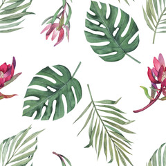 Fototapeta na wymiar Watercolor seamless pattern with monstera and palm tropical leaves and protea flowers. Jungle design illustration for fabrics, covers, prints. hand drawn botanical illustration.