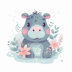 Illustrated baby hippopotamus for nursery room. Generative AI