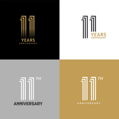11 years anniversary vector number icon, birthday logo label, black, white and colors stripe number