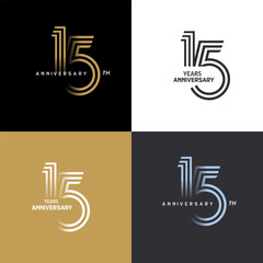 15 years anniversary vector number icon, birthday logo label, black, white and colors stripe number - obrazy, fototapety, plakaty