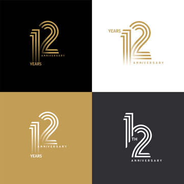 12 years anniversary vector number icon, birthday logo label, black, white and colors stripe number