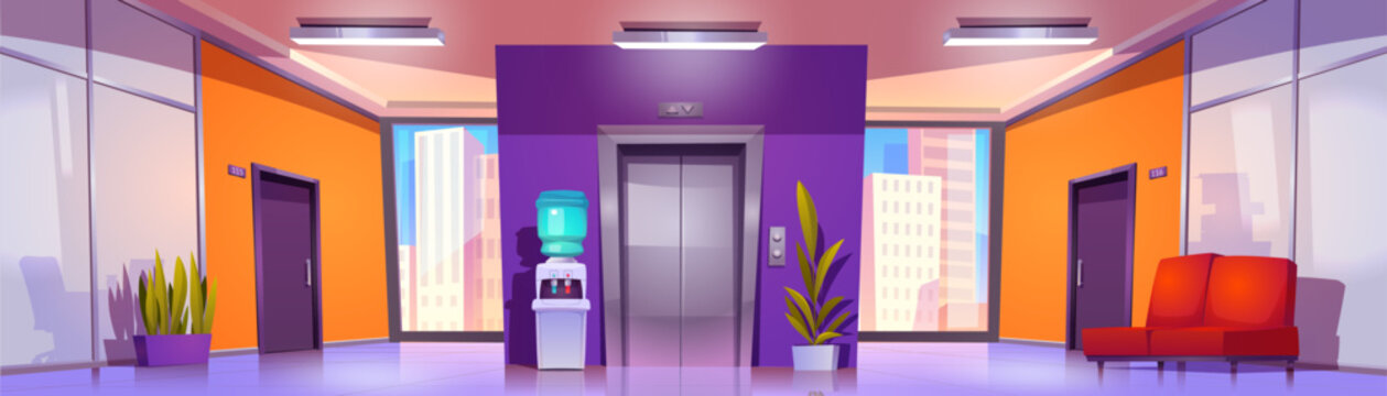 Office corridor interior with elevator and cabinet entrance door cartoon vector background. Water pomp, plant and sofa inside modern hallway room of coworking area with cityscape from window.