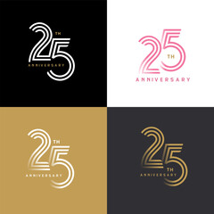 25 years anniversary vector number icon, birthday logo label, black, white and colors stripe number