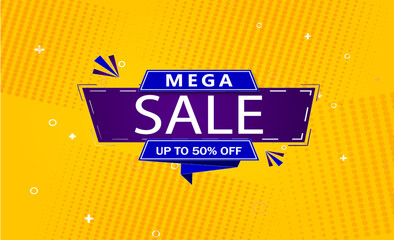mega sale offer banner, discount 50% off vector illustration.
