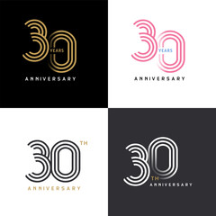 30 years anniversary vector number icon, birthday logo label, black, white and colors stripe number