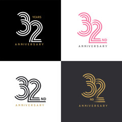 32 years anniversary vector number icon, birthday logo label, black, white and colors stripe number © Endang