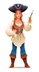 Cartoon woman pirate holding a pistol. Character design illustration