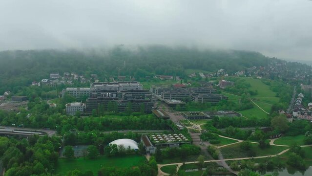 Aerial view of City of Z&uuml;rich with University Campus Irchel on a cloudy spring morning. Movie shot May 9th, 2023, Zurich, Switzerland.