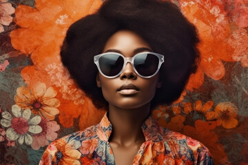Summer of Love: 60s Fashion Black Woman in Trendy Sunglasses. (AI generated)