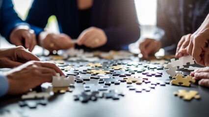 Success and strategy concept. The man and woman holds in hand a jigsaw puzzle with Generative AI.