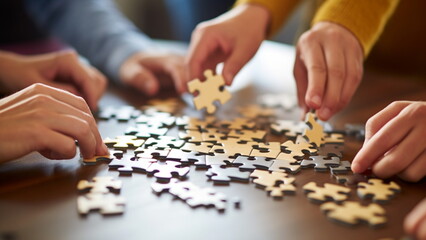 Success and strategy concept. The man and woman holds in hand a jigsaw puzzle with Generative AI.