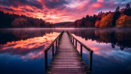 Perspective view of a wooden pier on the pond at sunset with Generative AI Technology.
