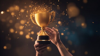 Businessman holding trophy , success and achievement award in business concept with Generative AI.