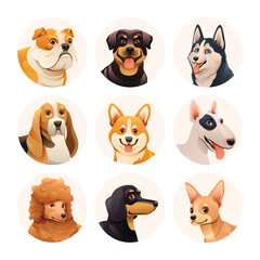 Set of different dog breeds illustration. Dog avatar characters