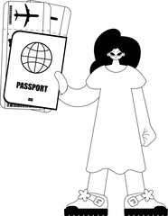 The flooding lady is holding a visa with conversation around tickets. Tourism subject. Sad and white line craftsmanship. Trendy style, Vector Illustration