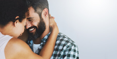 Love, hug and face of couple in home for commitment, loving embrace and trust on white background. Dating, mockup space and man and woman smile for intimate moment, happy and together for romance