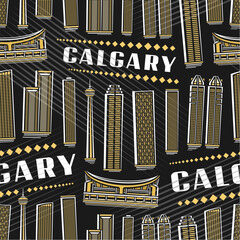 Vector Calgary Seamless Pattern, square repeat background with illustration of famous calgary city scape on dark background for wrapping paper, decorative line art urban poster with white text calgary