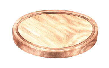 Watercolor illustration. Round wooden cutting board. Hand drawn kitchen utensils. Isolated on a white background. Clip art cake stand. For menu design of restaurants, cafes, pastry shops, bakeries