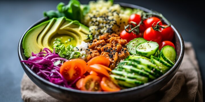 Vegan Buddha Bowl, Colorful assortment of fresh vegetables and grains. Generative AI.