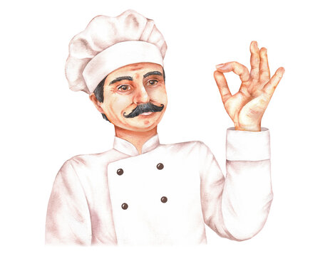 Watercolor illustration. A mustachioed cook in a chef's uniform indicates OK with his hand. Isolated on a white background. For the design of the menu of restaurants, logos of cafes and pizzerias