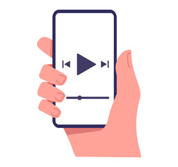 Video app on smartphone screen. Watch video on smartphone.Video player.Streaming on phone. Video mark.Play button in phone.Cartoon vector illustration.Hand holding phone with app for watching movie. 
