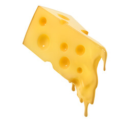 Melted piece of cheese in the air on a white background. 3d illustration