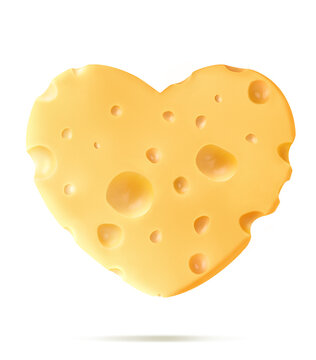 A piece of cheese in the shape of a heart on a white isolated background