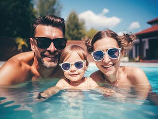 Generative AI illustration of happy family with little daughter in sunglasses smiling and looking at camera while swimming together in pool during summer vacation