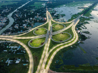Aerial View of Bhanga Gol Chattor. Bhanga Roundabout. Dhaka - Mawa - Bhanga Expressway - obrazy, fototapety, plakaty