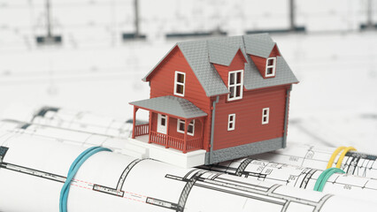 house model on construction drawings, design concept and design