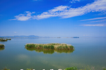 Lake Karla, calm and beautiful lake, Greece, a unique wetland, with water changes, small islands and aquatic plants and birds.