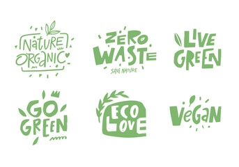 Organic, eco, natural phrases lettering set.